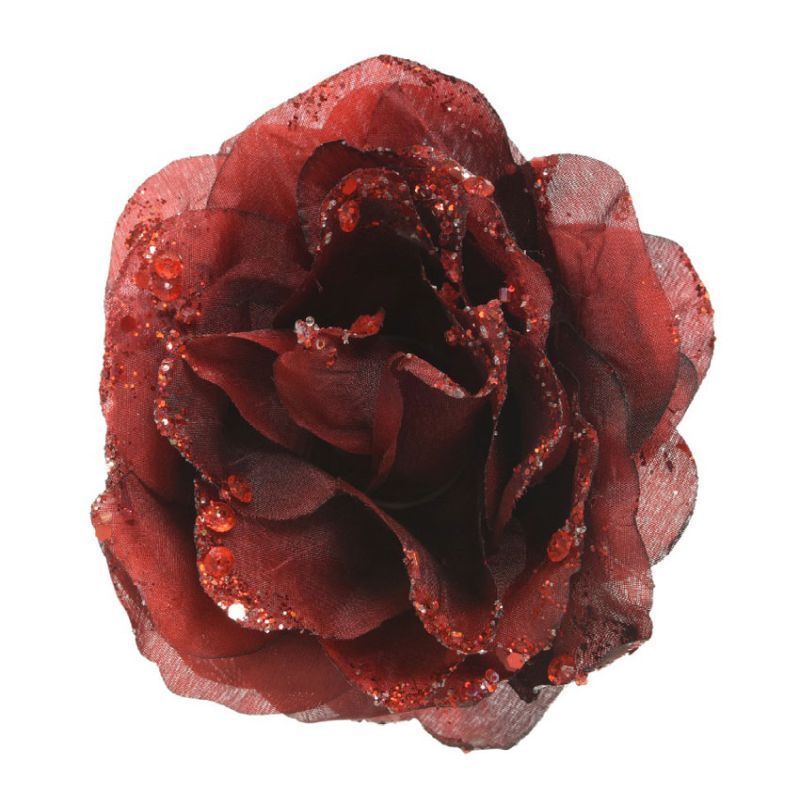 Clip-On Rose with Glitter 14cm - Oxblood