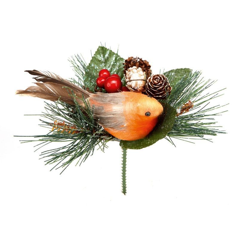 Robin with Pine Cone Pick 15cm