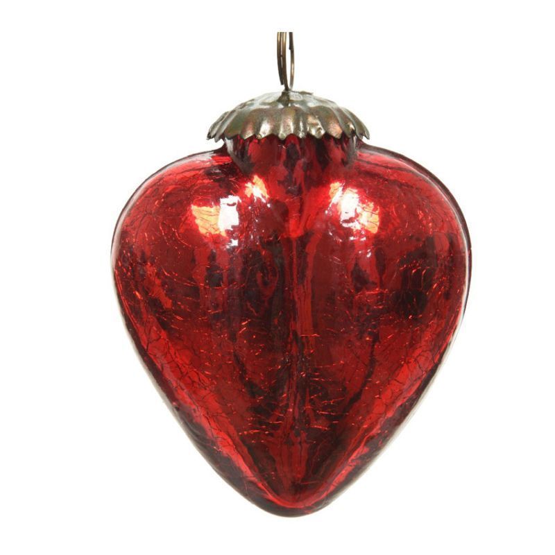 Glass Crackle Heart Bauble 7.5cm - Red