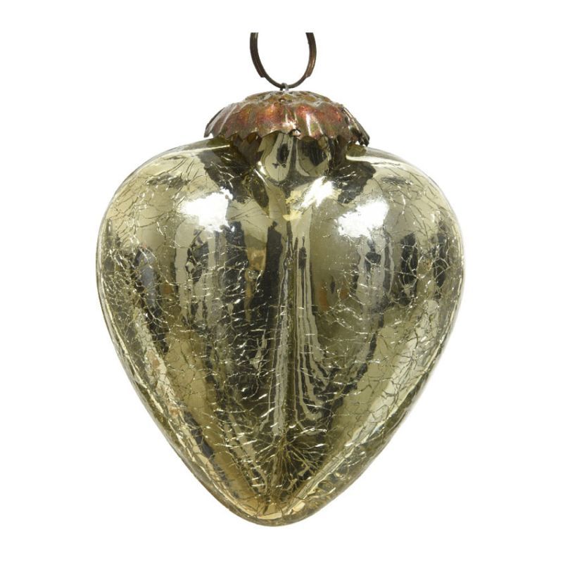 Glass Crackle Heart Bauble 7.5cm - Gold