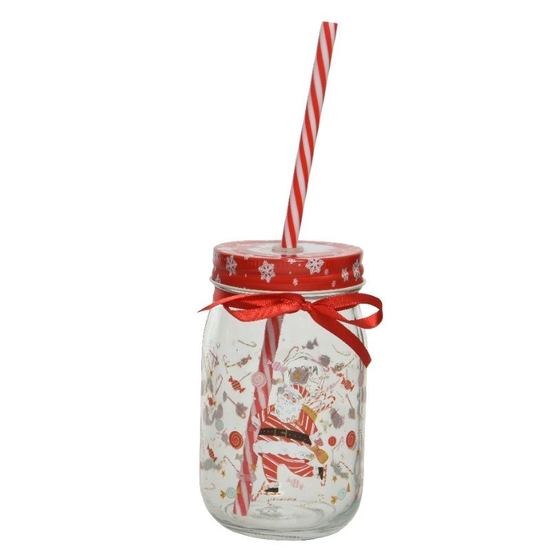 Festive Glass Drinking Jar with Straw