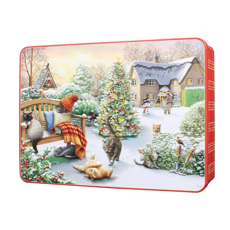 Bramble Embossed Christmas Cat Garden Tin with Assorted Biscuits 300g