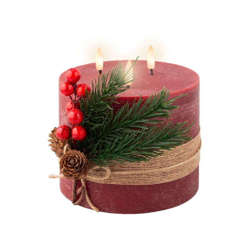 LED Wax Waving Candle with Leaves 15cm - Oxblood