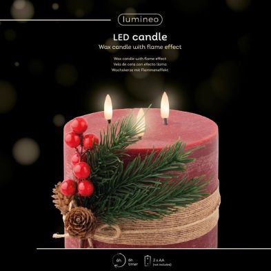 LED Wax Waving Candle with Leaves 15cm - Oxblood