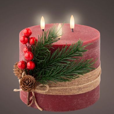 LED Wax Waving Candle with Leaves 15cm - Oxblood