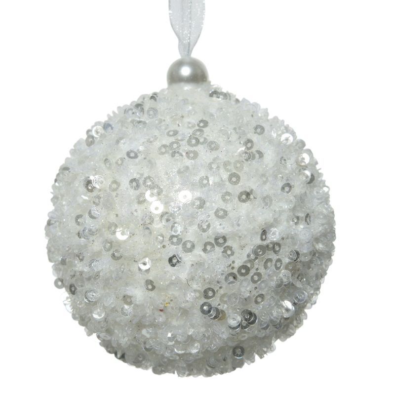 Foam Bauble with Sequins 8cm - Winter White