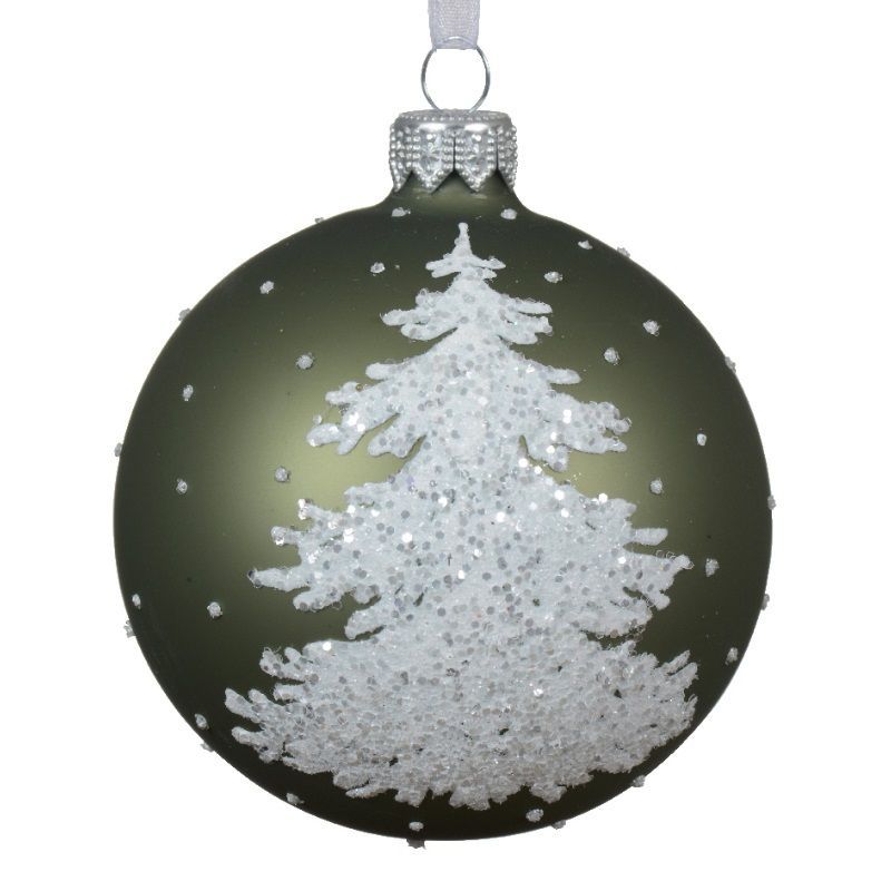 Matt Bauble with Snowy Tree 8cm - Rosemary Green