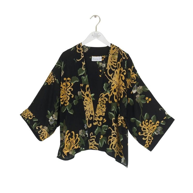 One Hundred Stars Chrysanthemum Black Crepe Kimono