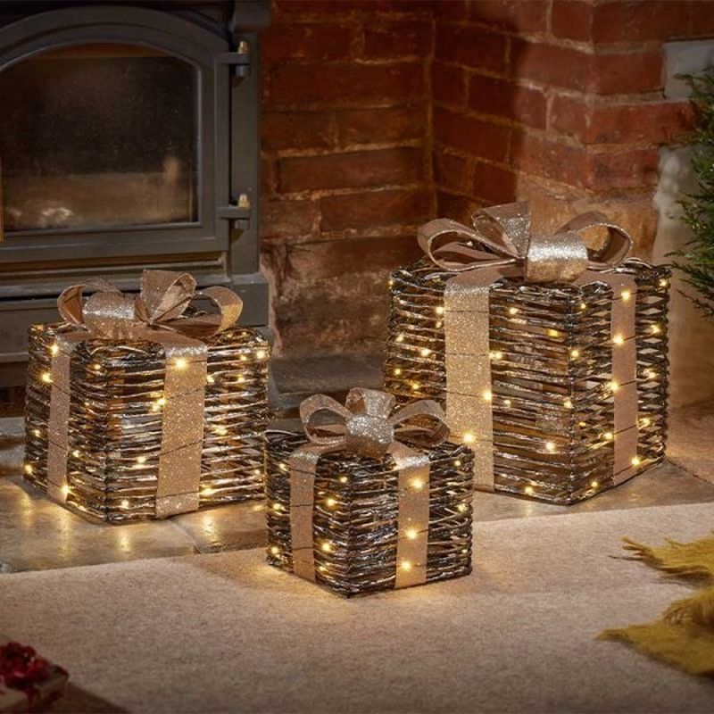 Black/Gold Braid Faux Gift Boxes (Set of 3) Warm White