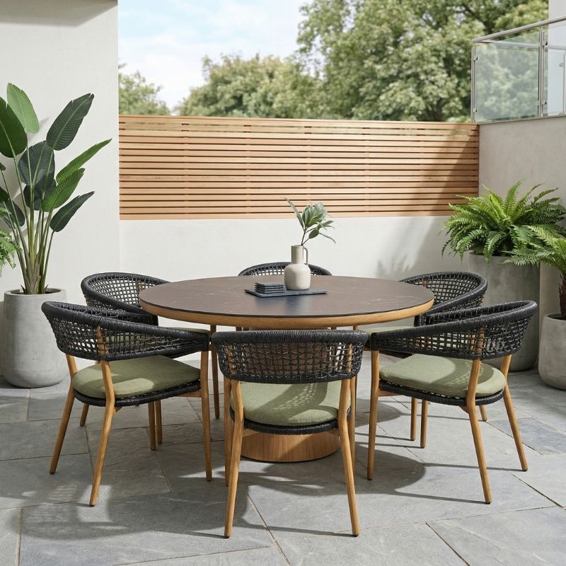 Algarve 6 Seat Round Dining Set - Green Cushion