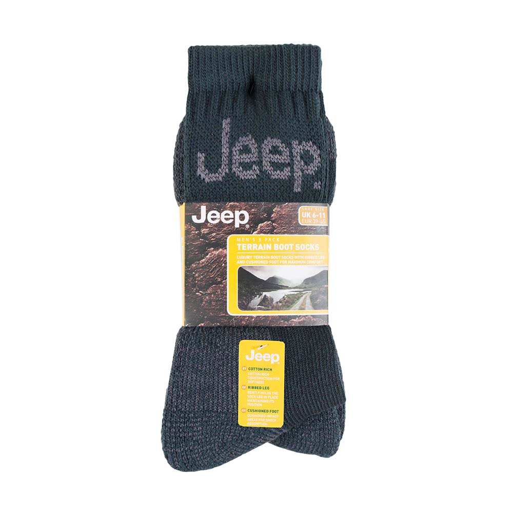 Mens Jeep Terrain Socks 3 Pack -  Forest Green/ Grey - Size 6-11