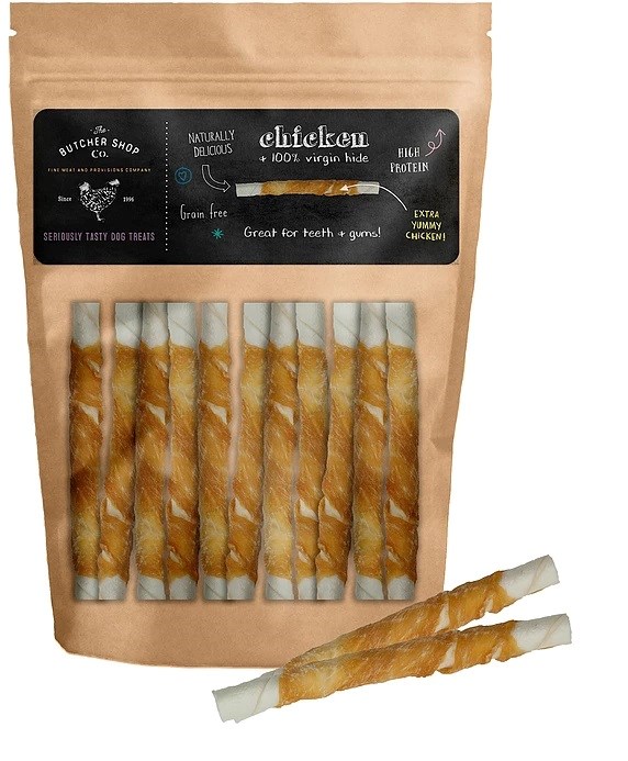 Butcher 5" x 9/10mm White Twisted Stick with Chicken 10 Pack