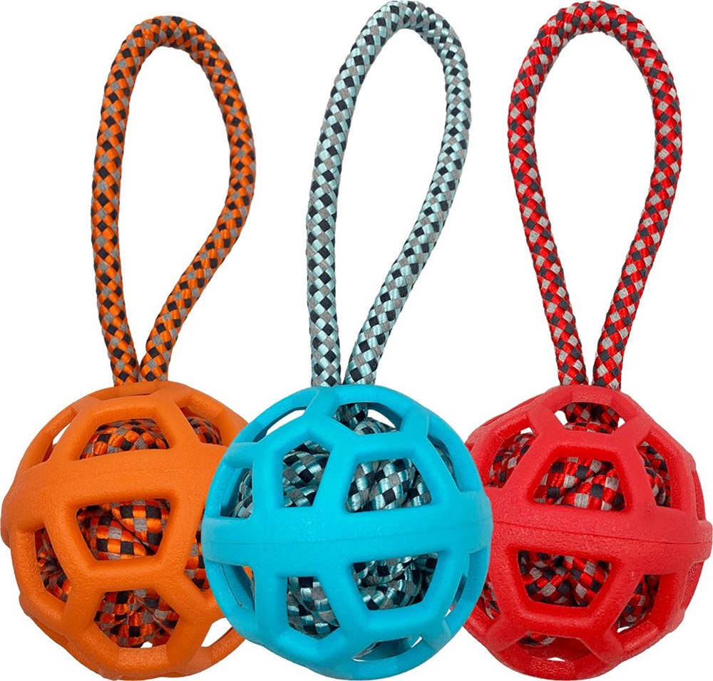 TPR 9cm Holey Ball with Rope Ball Inside and Rope Handle