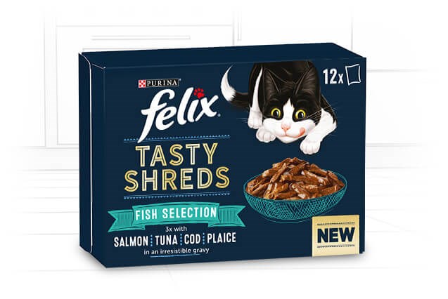 Felix Tasty Shreds Fish Selection: Tuna, Salmon, Plaice, Cod 12x80g