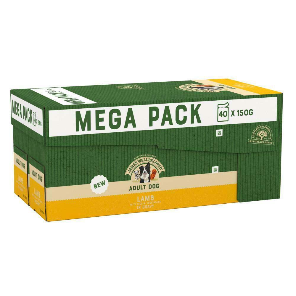 James Wellbeloved Mega Pack Adult Dog Hypoallergenic Pouches With Lamb & Rice In Gravy 40x150g