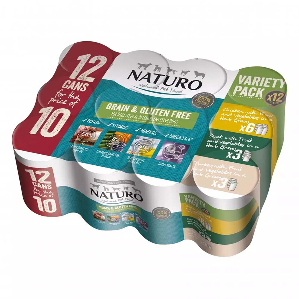 Naturo Adult Dog Cans GRAIN & GLUTEN-FREE Variety 390g 12pk
