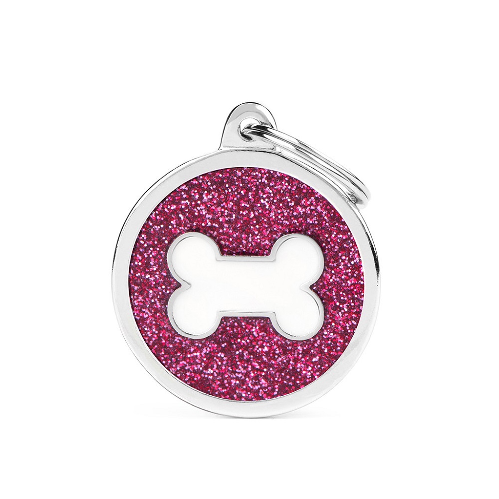 My Family Pet Tag - Pink Glitter Circle with a White Bone Large