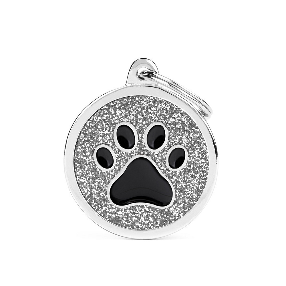 My Family Pet Tag - Grey Glitter Circle with Black Paw Large