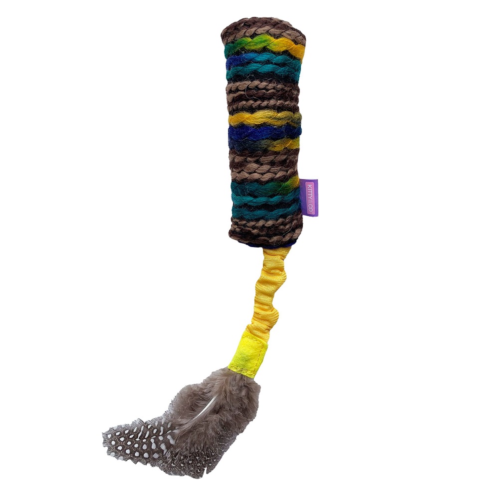 Knitted Tube with Elastic Tail, Rattle & Feathers (Pouncer)