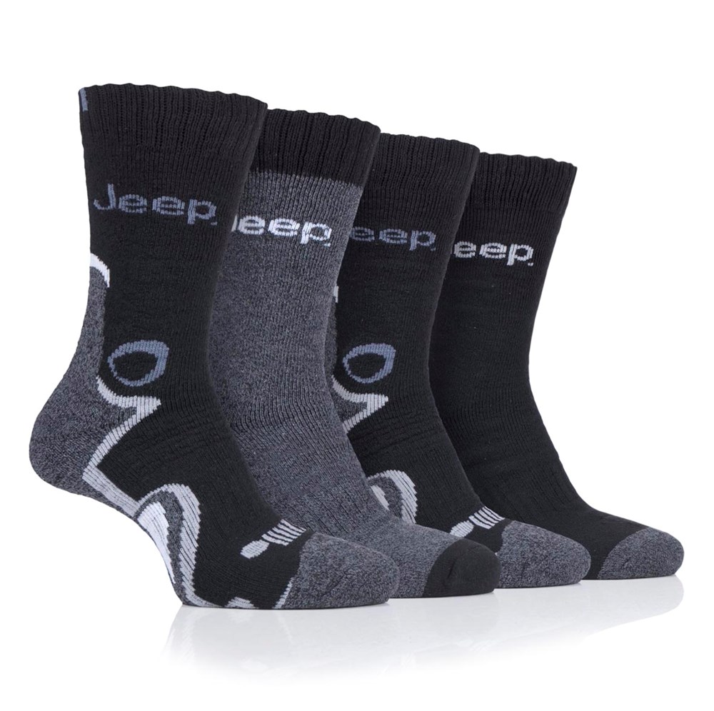 Mens Jeep 4 Pair Peformance Boot Sock  - Size 6-11 Black/Charcoal