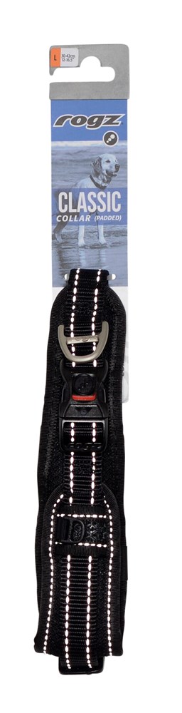 Rogz Classic Padded Collar Black - Large (30-42cm)