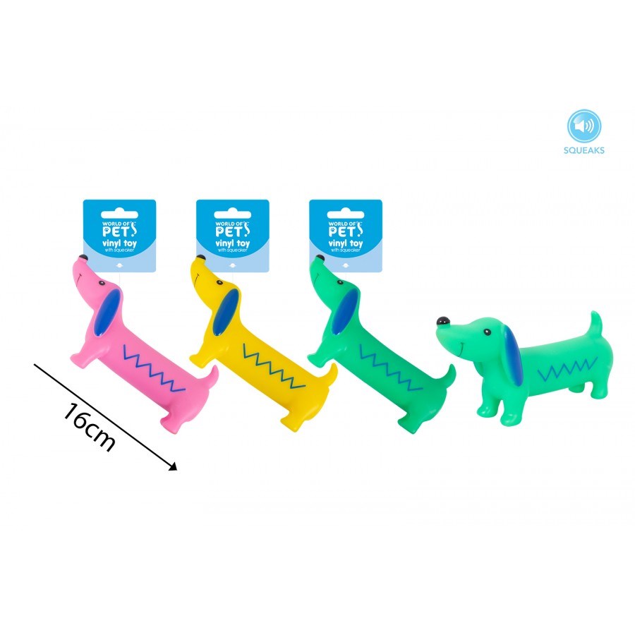 World of pets Squeaky Sausage Dog Vinyl Dog Toy 3 Colour 16cm