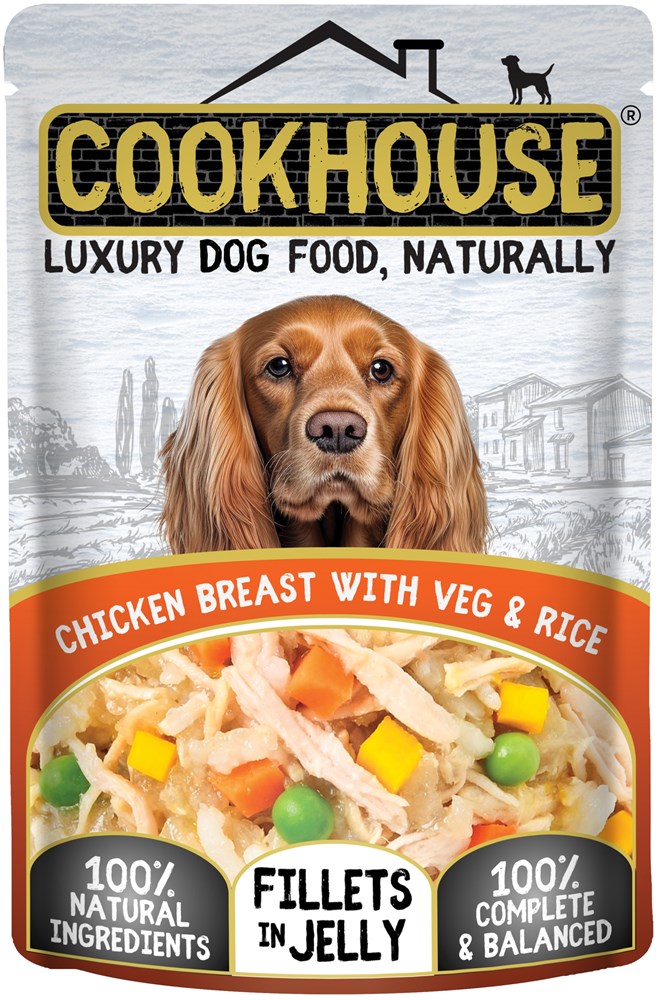 Cookhouse Dog Pouch Fillets Jelly Chicken, Veg & Rice 15x100g