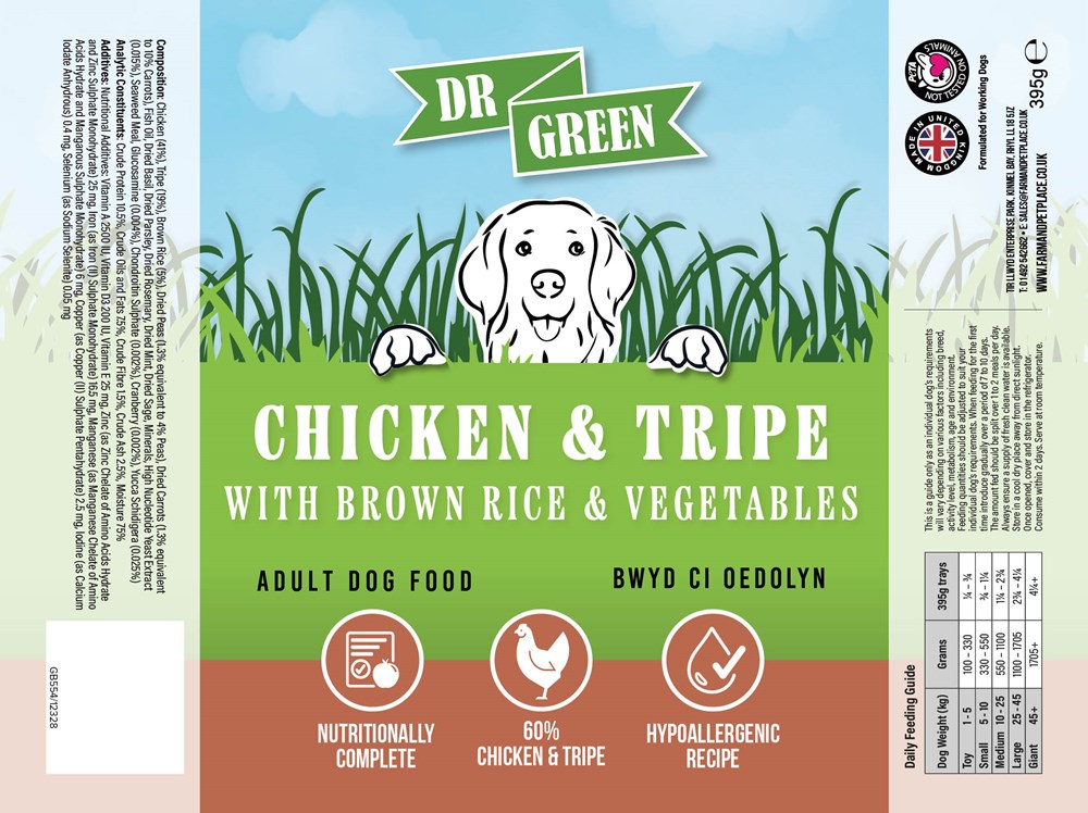 Dr Green Grain Free Wet Working Dog Chicken & Tripe with  Brown Rice and Vegetables 10x395g
