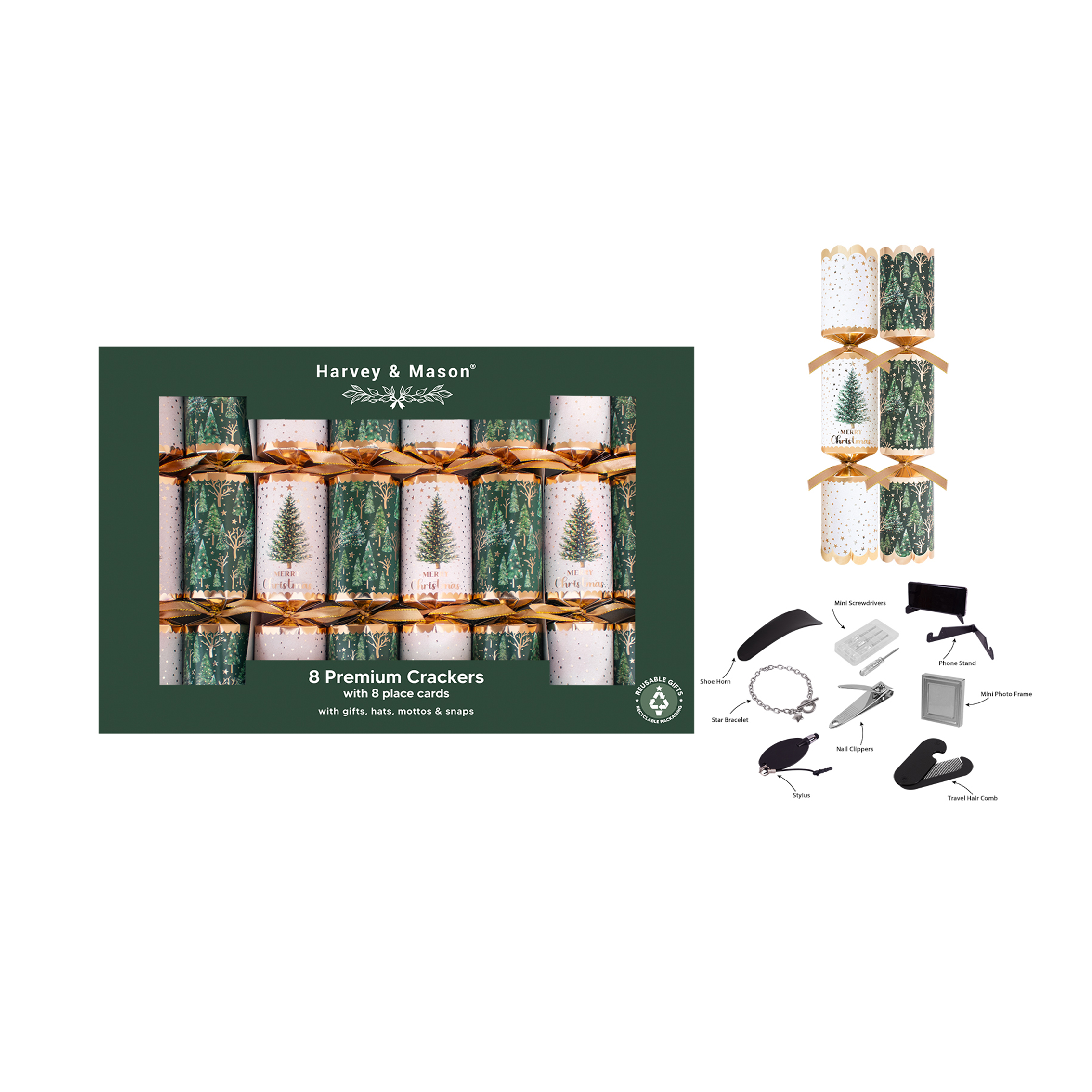 8 Premium Green Tree 12.5” Crackers with Placecards