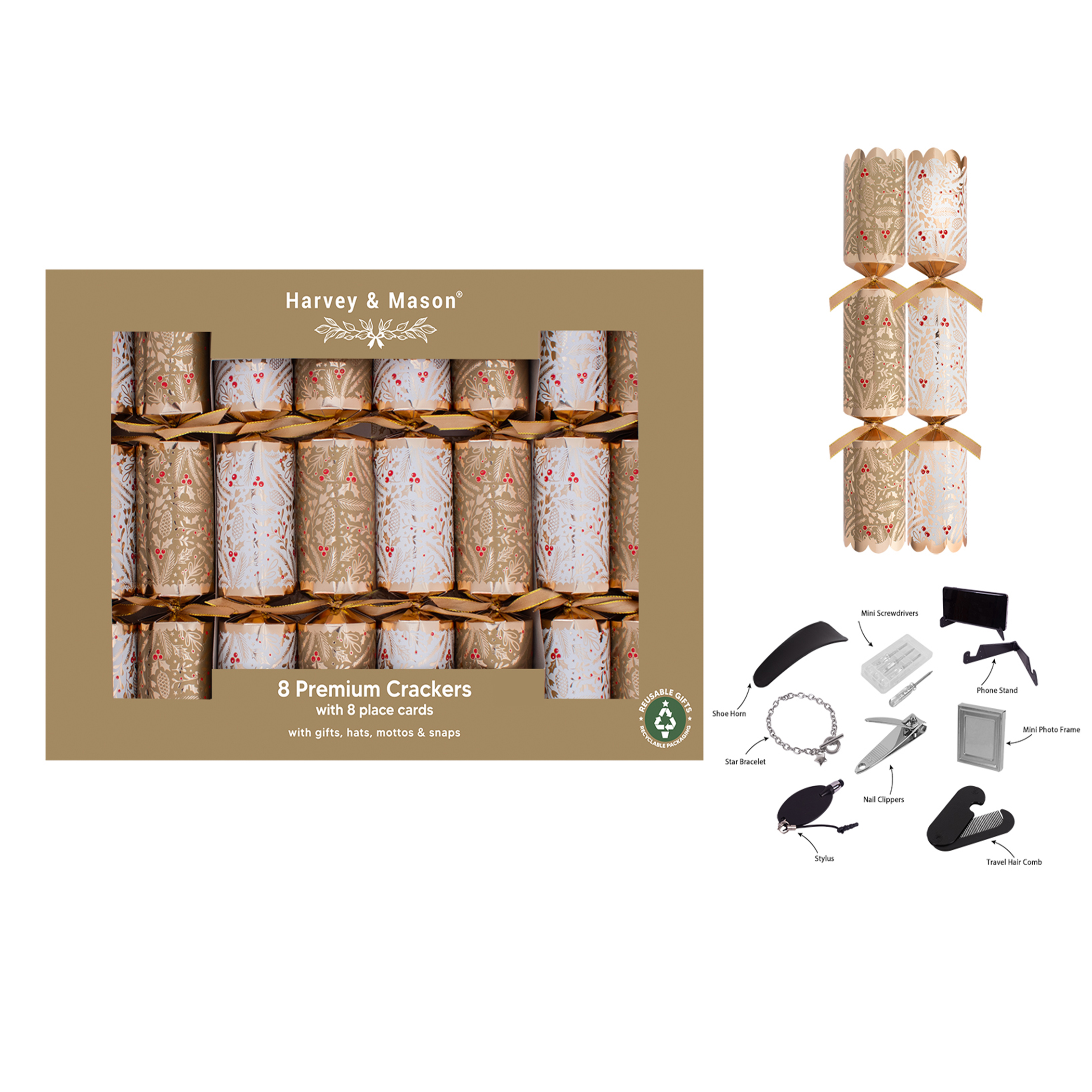 8 Premium Gold Foliage 12.5” Crackers with Placecards