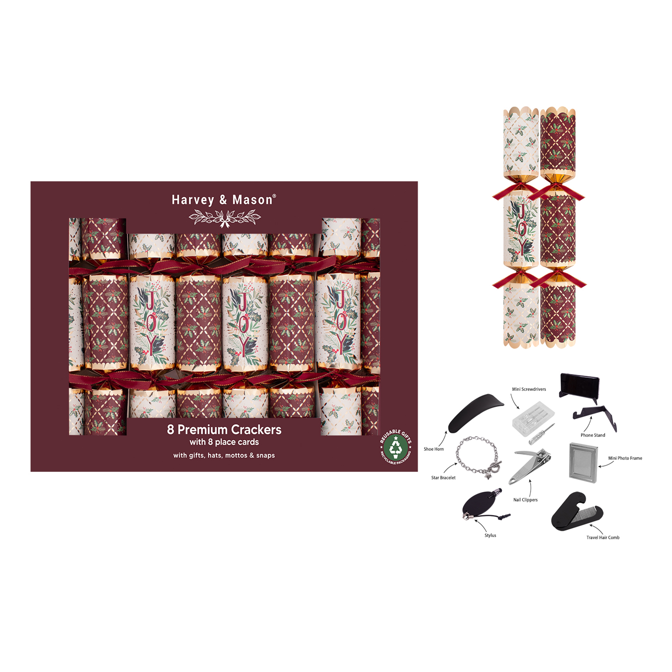 8 Premium Burgundy Joy 12.5” Crackers with Placecards