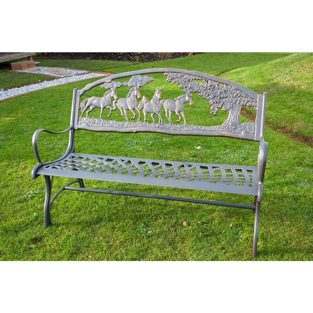 Cast iron bench with horses and tree detail